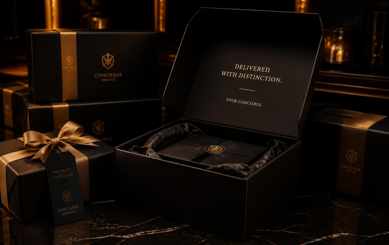 Premium parcels on black marble, ready for delivery